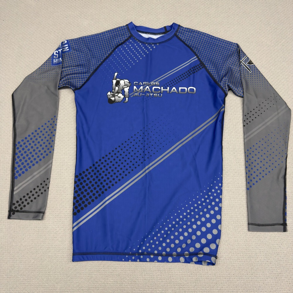 Carlos Machado Jiu Jitsu Rash Guard XL Blue Grey Long Sleeve BJJ MMA Compression